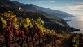 Tranquil vineyard landscape, ripe grapes, sunset over terraced fields generated by AI