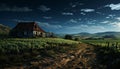 Tranquil vineyard meadow, sunset sky, winery, nature beauty in winemaking generated by AI