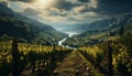 Tranquil vineyard, sunset paints panoramic autumn landscape with green meadows generated by AI