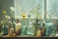Tranquil Vintage Bottles and Fresh Wildflowers on Sunny Window Sill Royalty Free Stock Photo