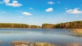 A tranquil water landscape. Forest lake pine forest bright sky Royalty Free Stock Photo