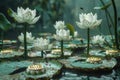 Tranquil Water Lily Pond Scene with Blooming White Flowers and Lush Green Lily Pads in Serene Garden Setting