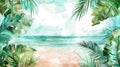 Tranquil Watercolor Artwork of a Tropical Beach with Palm Trees and Crystal Clear Waters