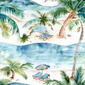 Tranquil Watercolor Artwork of a Tropical Beach with Palm Trees and Crystal Clear Waters