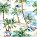 Tranquil Watercolor Artwork of a Tropical Beach with Palm Trees and Crystal Clear Waters