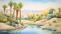 Tranquil Watercolor Desert Oasis with Towering Palm Trees AI Generated