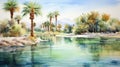 Tranquil Watercolor Desert Oasis with Towering Palm Trees AI Generated