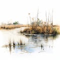 Tranquil Watercolor Illustration Of Duck In Pond And Marsh Royalty Free Stock Photo