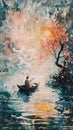 A tranquil watercolor painting of a lone boatman on a reflective river, with the ethereal glow of a sunset softly illuminating the