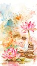 Tranquil Watercolor Painting of Woman Meditating by Lotus Pond. Concept of spa, wellness, relaxation, calmness. Vertical