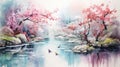 Tranquil Watercolor Zen Garden with Koi Pond and Cherry Blossoms AI Generated Royalty Free Stock Photo