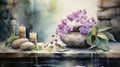 Tranquil Watercolor Zen Spa with Candles, Stones, and Orchids AI Generated