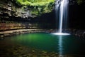 a tranquil waterfall cascading into a clear pool of water