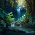 A tranquil waterfall nestled in a lush rainforest. Created with Generative AI technology.