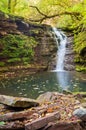 Tranquil waterfall scenery in the middle of green forest. Cascade of waterfalls near the village. Rusilov, Ukraine, Europe.