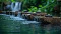 A tranquil waterfall with stones lining its edges and floating gracefully on its surface. The stones symbolize the