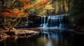 Tranquil waterfall with vibrant fall foliage in scenic view Royalty Free Stock Photo