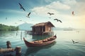 Escape to a Serene Lakeside Getaway with wooden boat and birds flying - Ai Generated