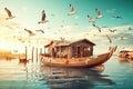 Escape to a Serene Lakeside Getaway with wooden boat and birds flying - Ai Generated