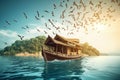 Escape to a Serene Lakeside Getaway with wooden boat and birds flying - Ai Generated