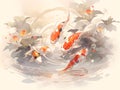 Tranquil Waters: Minimalist Anime-style Watercolor Illustration of Koi Pond