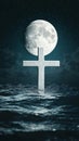 The tranquil waters reflect a cross silhouette, set against a backdrop of a starry night sky and a full moon Royalty Free Stock Photo