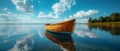 Tranquil Waters: Solitary Boat under a Clear Blue Sky. Concept Tranquil Waters, Solitary Boat,