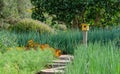 Tranquil, well stocked garden with a variety of plants, and yellow bird house at the end of the path. Royalty Free Stock Photo