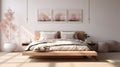 Tranquil White Bedroom With Natural Wood Background And High-quality Bedding