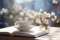 Tranquil white coffee cup and book immersed in the ambiance of a refreshing spring day