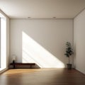 This tranquil white room features and a plant nightstands, offering essential simplicity in interior design. Royalty Free Stock Photo