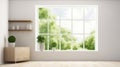 A Tranquil White Room with a Shelf and Enchanting Green Landscape Framed in the Window. Generative AI Royalty Free Stock Photo