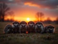Tranquil wildlife scene featuring seven hedgehogs on grass, against a sunrisesunset backdrop with gradient sky, soft shadows Royalty Free Stock Photo