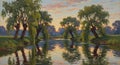 Tranquil willow trees reflected in calm water at sunset Royalty Free Stock Photo