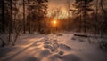 Tranquil winter forest, snow covered footpath, sunlight through frosty trees generated by AI