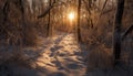 Tranquil winter forest, snow covered footpath, sunlight through pine trees generated by AI