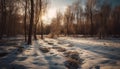 Tranquil winter forest snow covered trees, sunlight through icy branches generated by AI Royalty Free Stock Photo