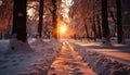 Tranquil winter forest snow covered trees, sunset, frost, and footpath generated by AI Royalty Free Stock Photo