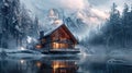 A tranquil winter scene of a remote cabin nestled amidst snow-capped mountains and a frozen lake, accessible only by a wooden dock Royalty Free Stock Photo
