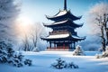 Tranquil Winter Landscape: Architectural Beauty in Nature with Snow-Covered Building, Coniferous Trees, and Serene Sky