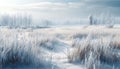 Tranquil winter landscape frozen tree, snowy meadow, icy water generated by AI Royalty Free Stock Photo