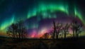 Tranquil winter landscape illuminated by vibrant aurora polaris generated by AI