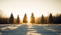 Tranquil winter landscape Pine trees, sunset, snow, and frost generated by AI