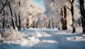 Tranquil winter landscape snow covered forest, bright sunlight, frozen meadow generated by AI Royalty Free Stock Photo