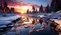 Tranquil winter landscape snow covered forest, frozen lake, sunset reflection generated by AI Royalty Free Stock Photo