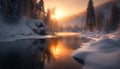 Tranquil winter landscape snow covered forest, frozen pond, and mountain range generated by AI Royalty Free Stock Photo