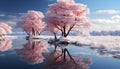Tranquil winter landscape snow covered forest, frozen pond, pink sunset generated by AI Royalty Free Stock Photo
