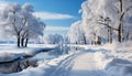 Tranquil winter landscape snow covered forest, icy branches, and blue skies generated by AI Royalty Free Stock Photo
