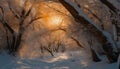 Tranquil winter landscape snow covered forest, icy branches, and sunlight generated by AI Royalty Free Stock Photo