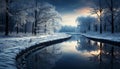Tranquil winter landscape snow covered forest, icy pond, peaceful reflection generated by AI Royalty Free Stock Photo